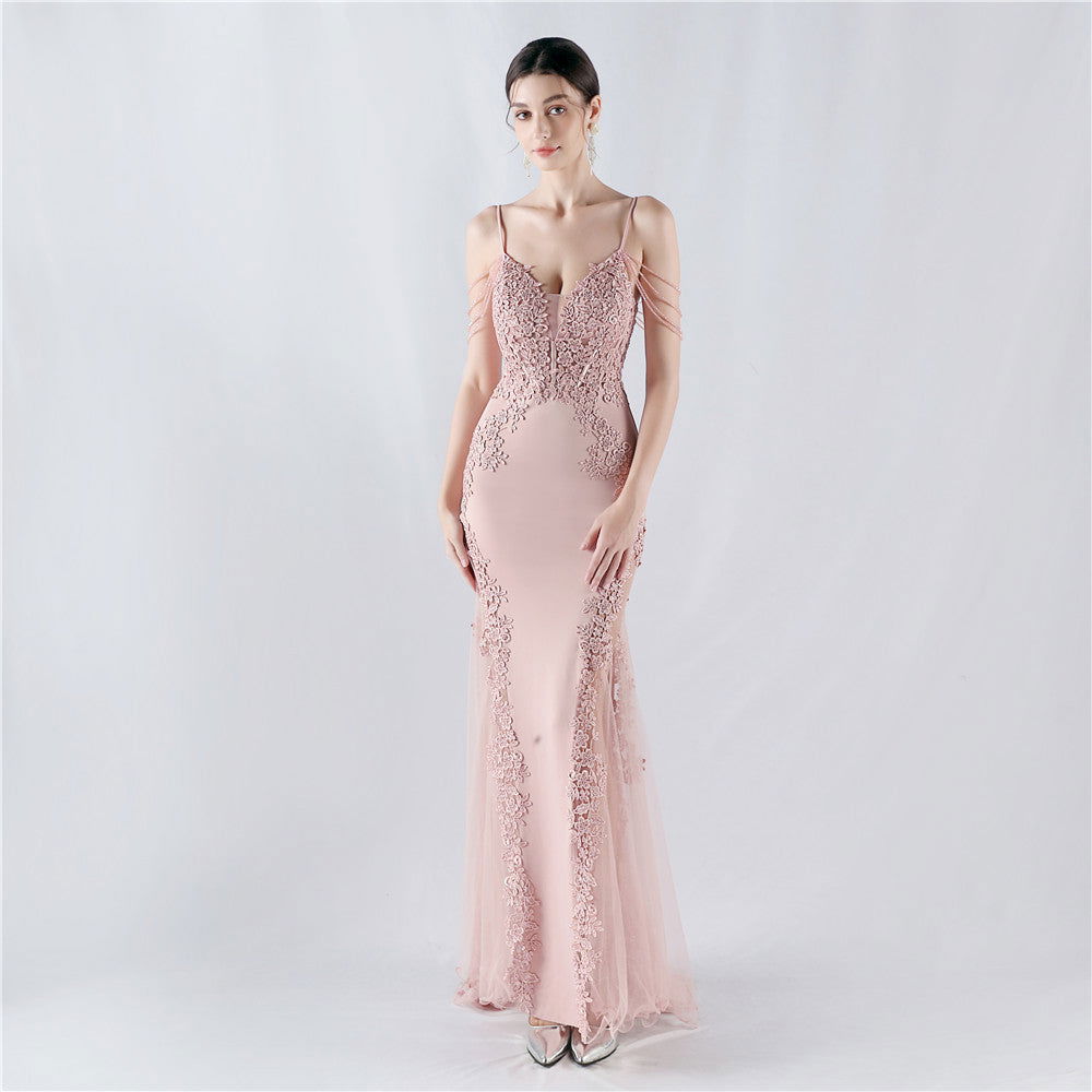 V Neck Floral Lace Beaded Fringe Cold Shoulder Mermaid Gown