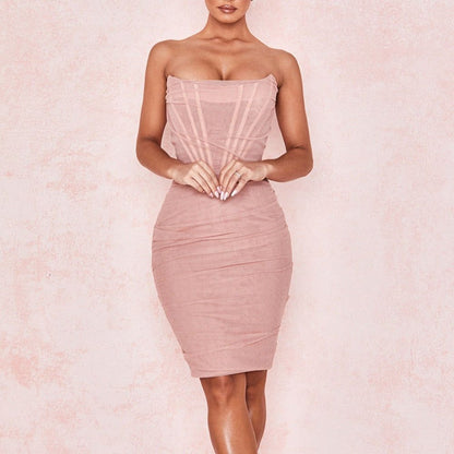 Strapless Corset Mesh Overlay Ruched Tiered Bodycon Midi Dress