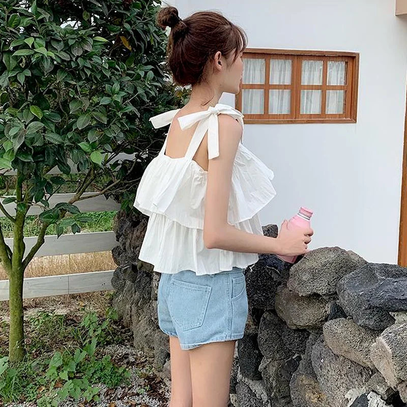 White Camisole Women Summer New Ruffles Sweet Slim Crop Top Sexy Students Clothes Fashion Casual All-match Camis Aesthetic Femme