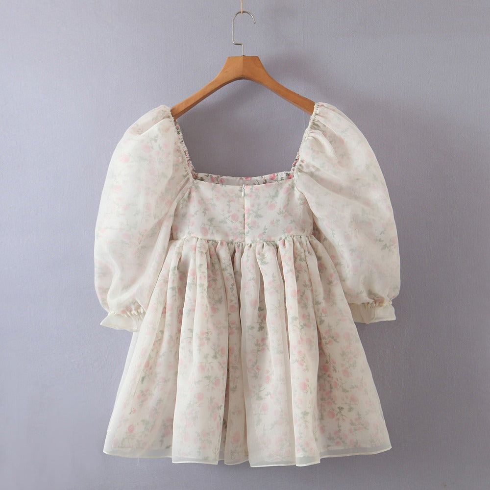 Sheer Organza Puff Sleeve Gathered Skirt Babydoll Mini Dress