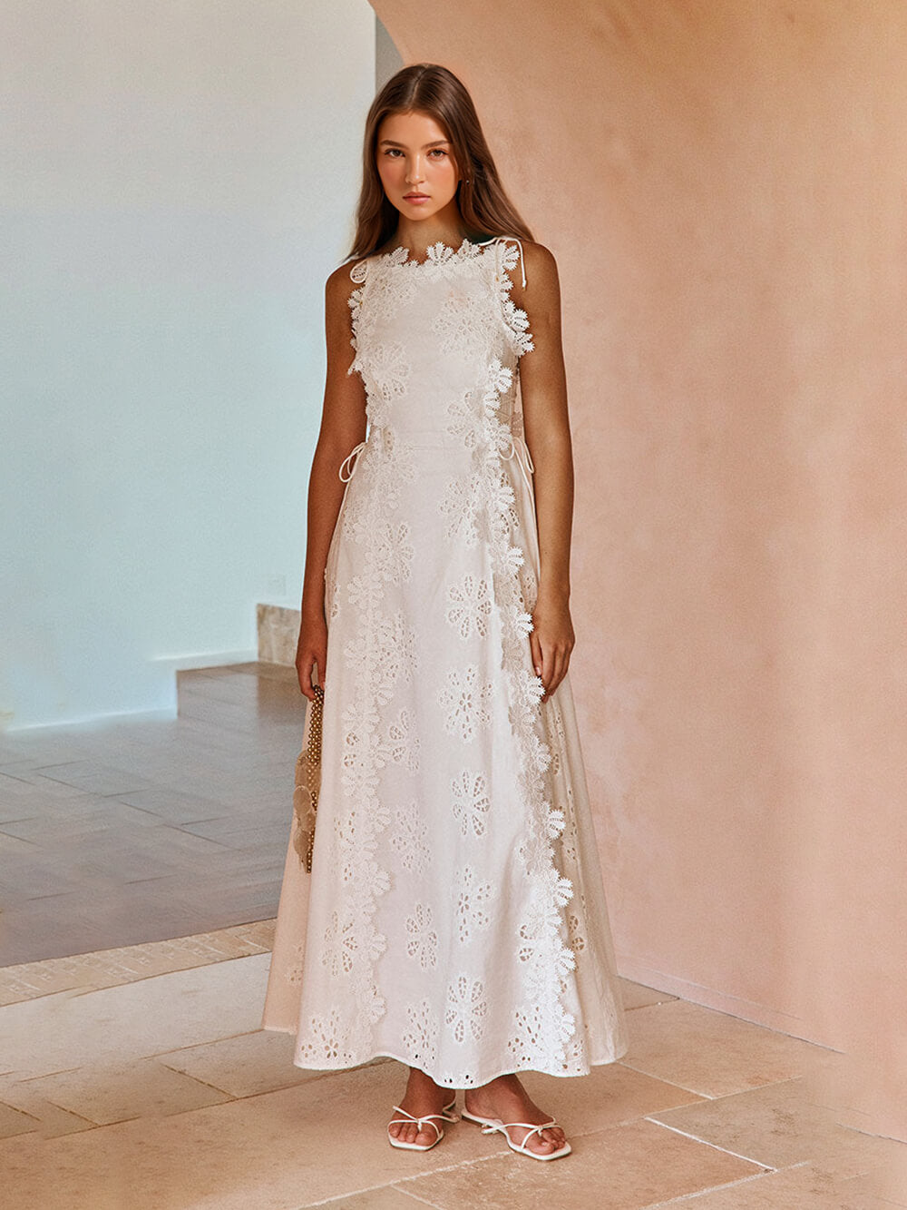 Eyelet Broderie Anglaise Scalloped Trim Side Tie Maxi Dress