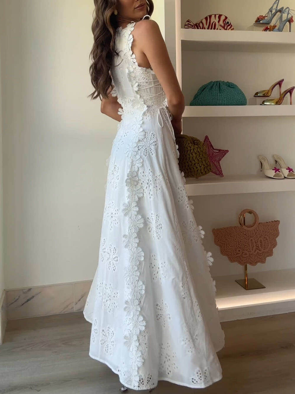 Eyelet Broderie Anglaise Scalloped Trim Side Tie Maxi Dress