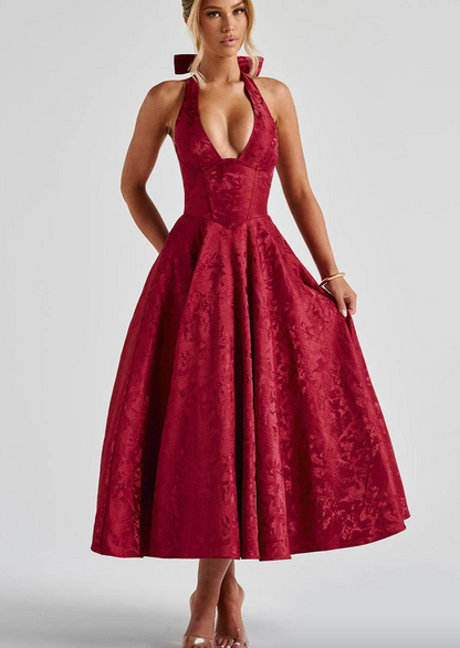 Jacquard Halter Deep V-Neck Corset Bodice Flared Midi Dress
