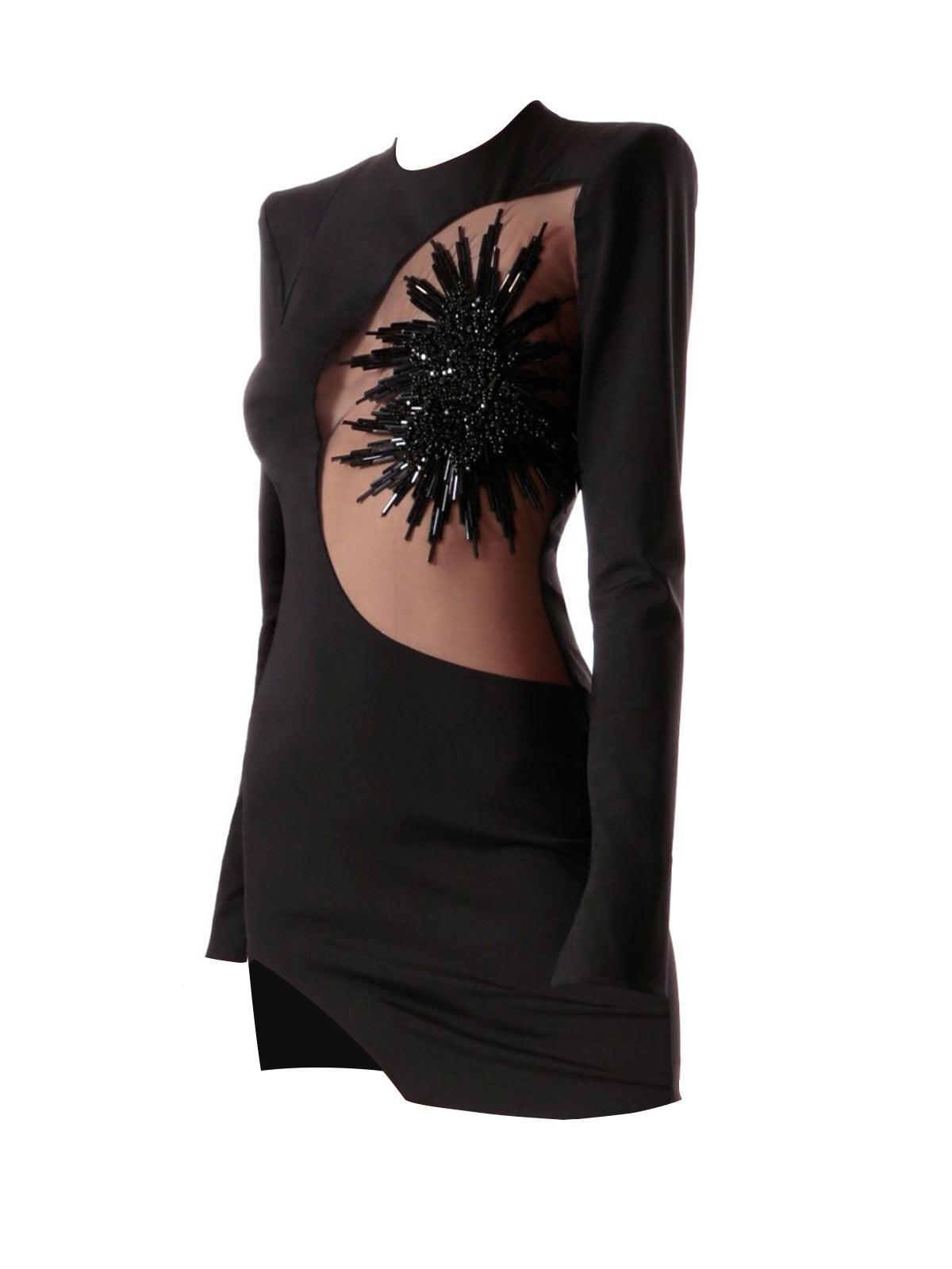 Long Sleeve Crew Neck Asymmetric Cutout Sequin Sunburst Mini Dress