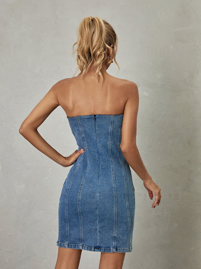 Strapless Sweetheart 3D Denim Pocket Bodycon Mini Dress