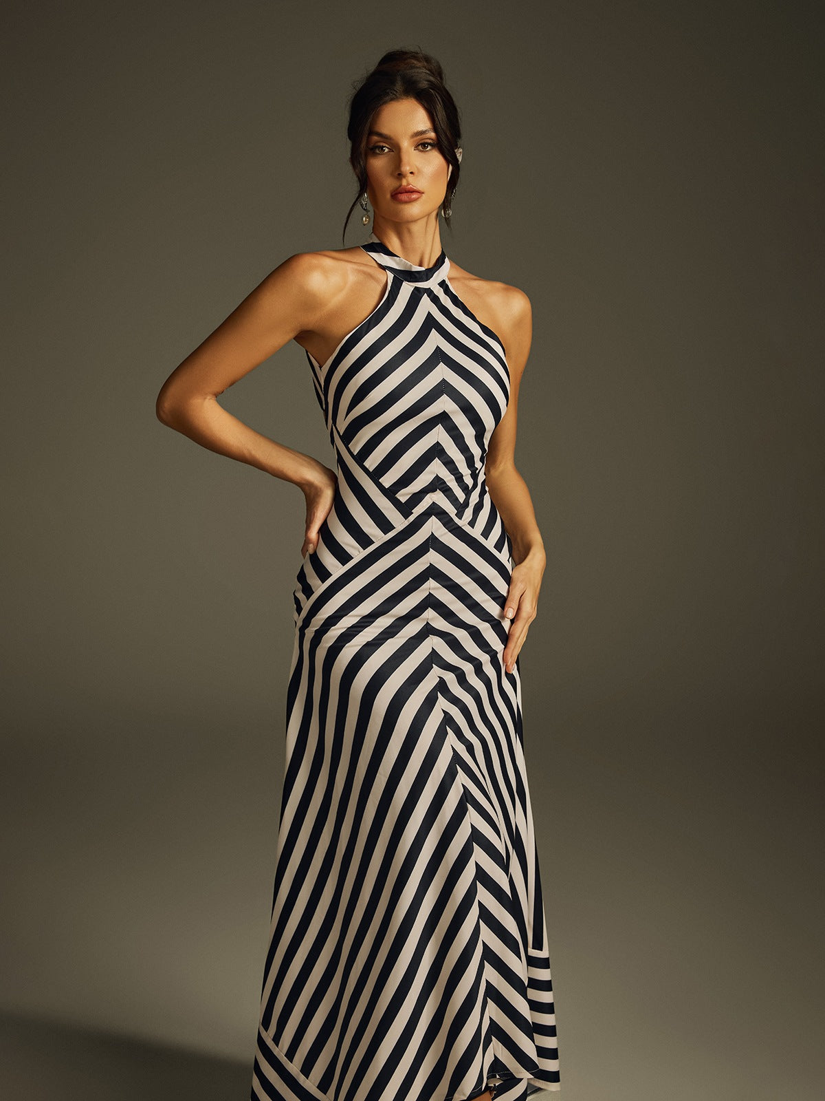 Halter Stripe Panel Column Maxi Dress