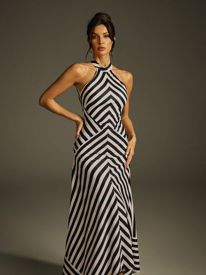 Halter Stripe Panel Column Maxi Dress