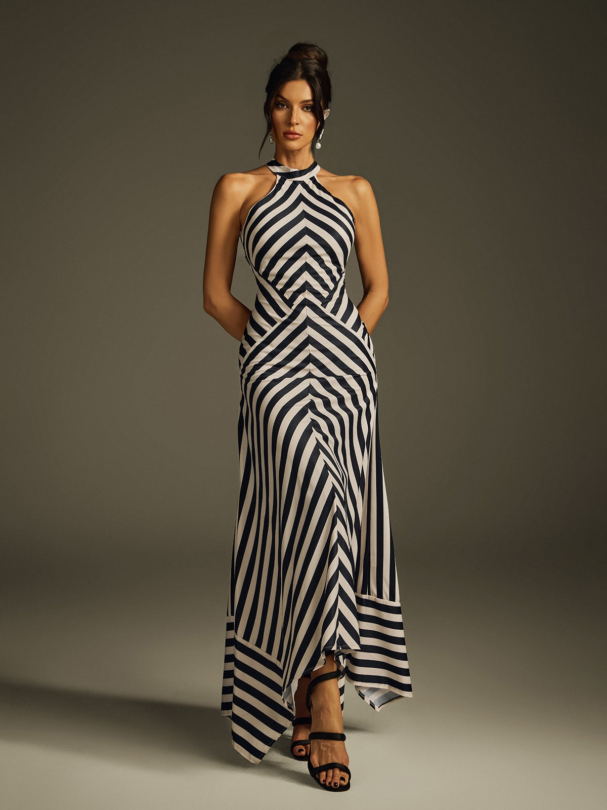 Halter Stripe Panel Column Maxi Dress