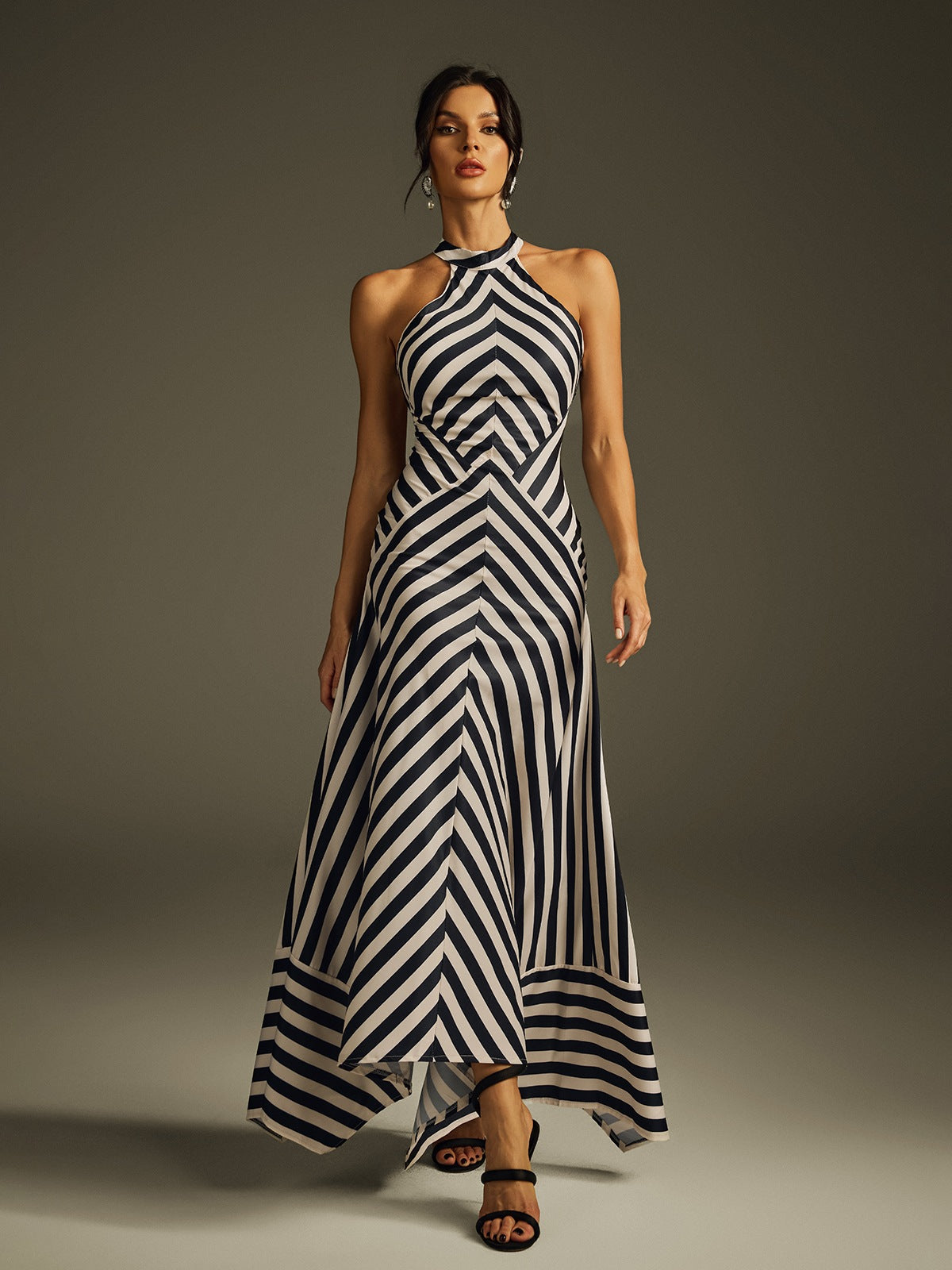 Halter Stripe Panel Column Maxi Dress