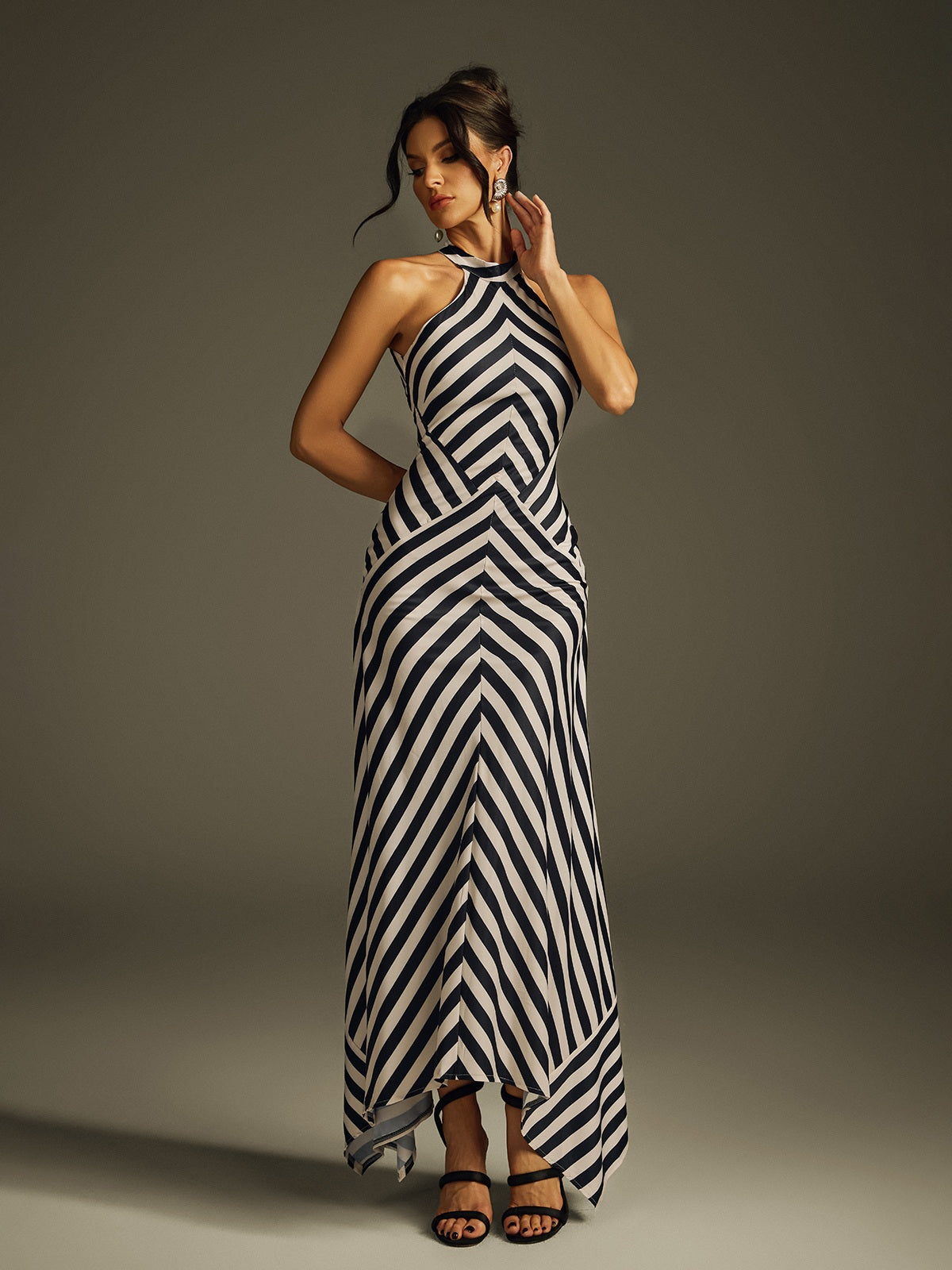 Halter Stripe Panel Column Maxi Dress