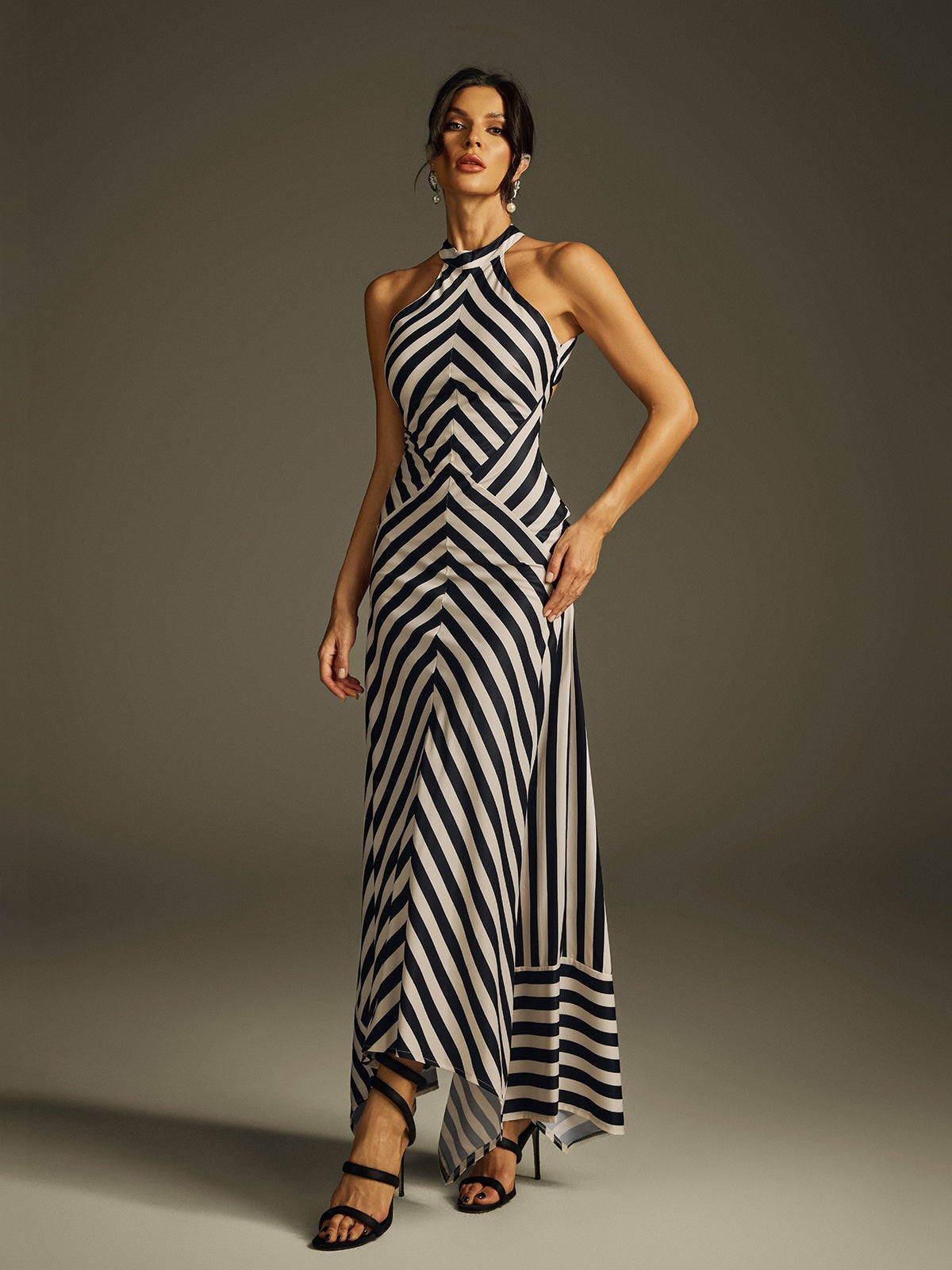 Halter Stripe Panel Column Maxi Dress