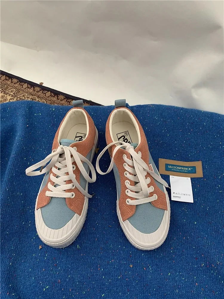 Mixed Color Woman Canvas Shoes Fashion Casual Student Cute Lovely Female Lace Up Flats Korea Japanese Spring New Low Top