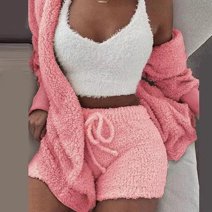 Sexy Fluffy Autumn Piece Sweatshirt Backless Plush Home Sports Women Pyjamas Wear Winter Fleece Outfits Sets 3 Casual Tracksuit