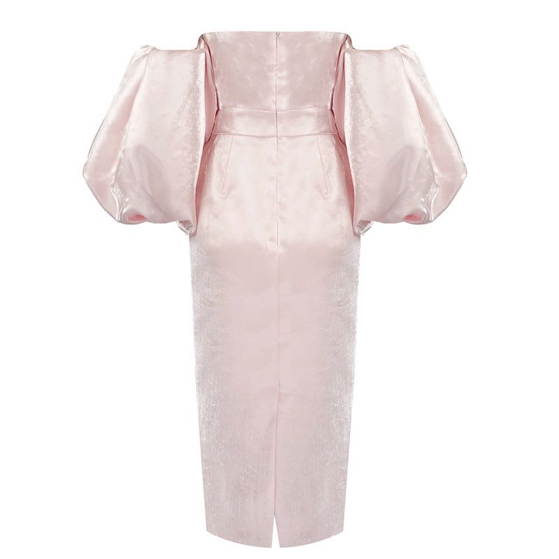 Off Shoulder Oversized Puff Sleeve Gathered Bodice Column Gown