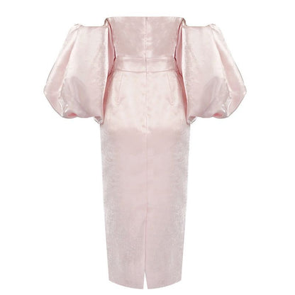 Off Shoulder Oversized Puff Sleeve Wrap Pleated Bodice Midi Dress