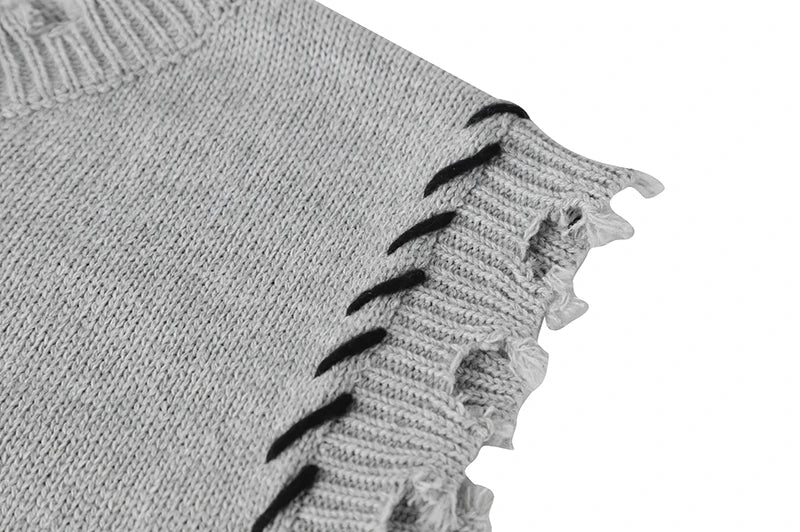 Knitted Sweater Vests For Women O-Neck Oversized Pullovers Loose Thicken Jumper Female Casual Ripped Hole Sweaters Spring New