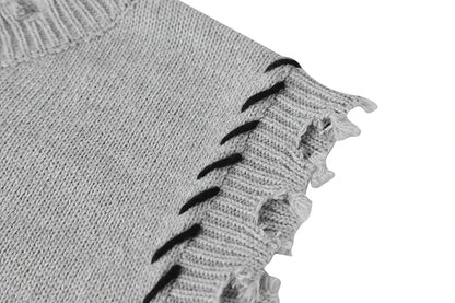 Knitted Sweater Vests For Women O-Neck Oversized Pullovers Loose Thicken Jumper Female Casual Ripped Hole Sweaters Spring New