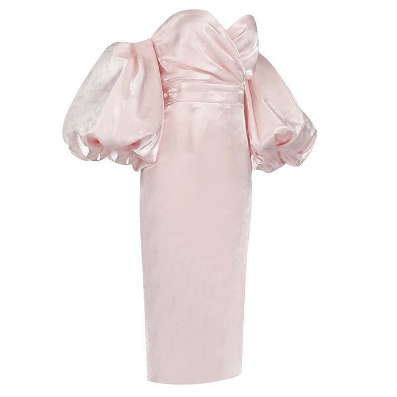 Off Shoulder Oversized Puff Sleeve Gathered Bodice Column Gown