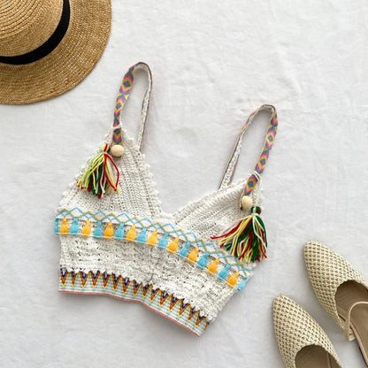 Ins vacation tassel camisole crochet female fashion wear wild short Summer Basic Tops Halter Bikini Hollow Knit Top