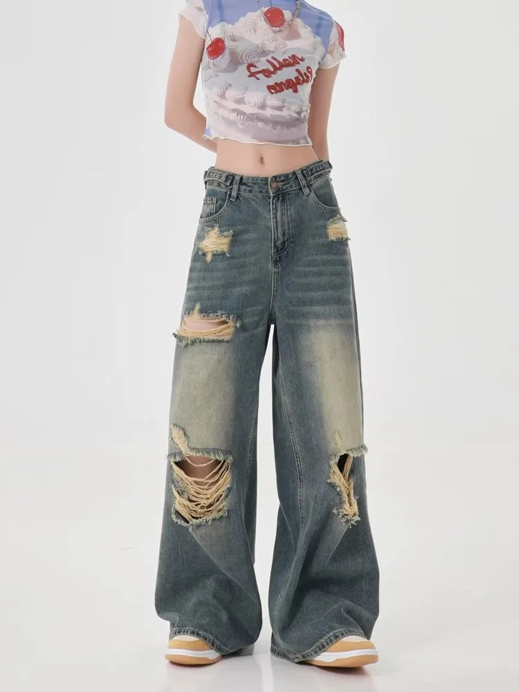 Perforated Women's Summer New INS Fashion Brand Straight Tube Loose Sweeping High Street Jean