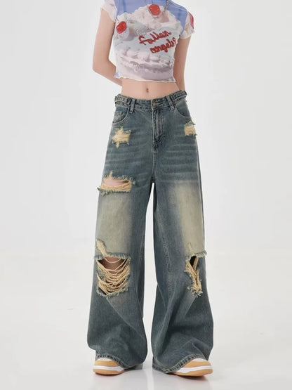 Perforated Women's Summer New INS Fashion Brand Straight Tube Loose Sweeping High Street Jean