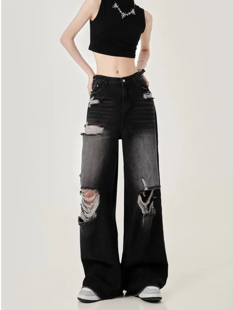 Perforated Women's Summer New INS Fashion Brand Straight Tube Loose Sweeping High Street Jean