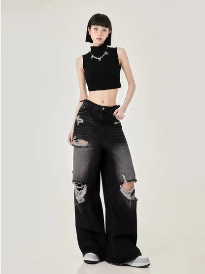 Perforated Women's Summer New INS Fashion Brand Straight Tube Loose Sweeping High Street Jean