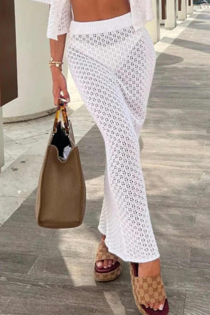 Hollow Out Crochet Blouses Midi Skirt Suits