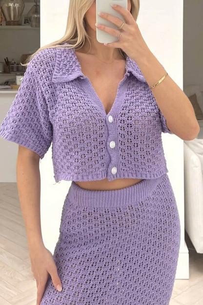 Hollow Out Crochet Blouses Midi Skirt Suits