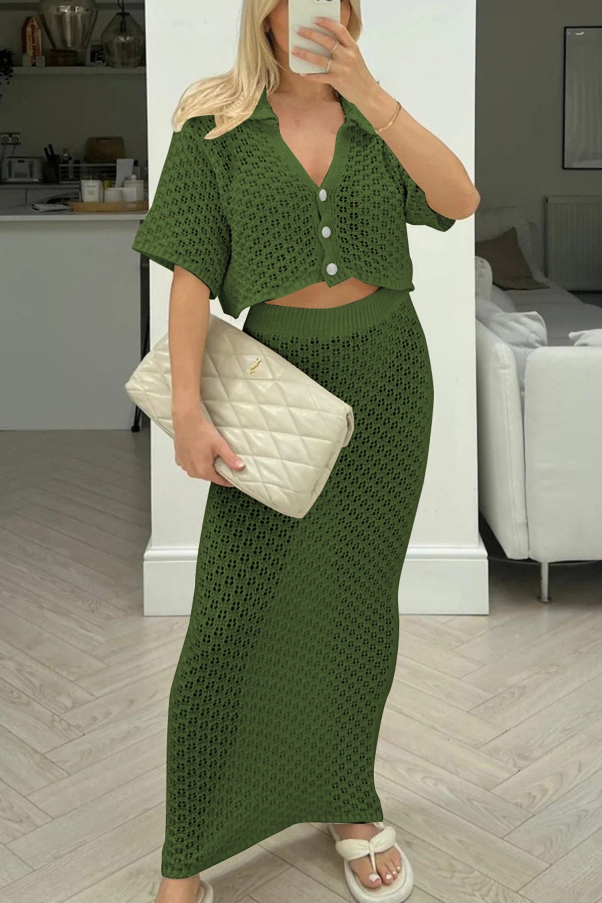 Hollow Out Crochet Blouses Midi Skirt Suits
