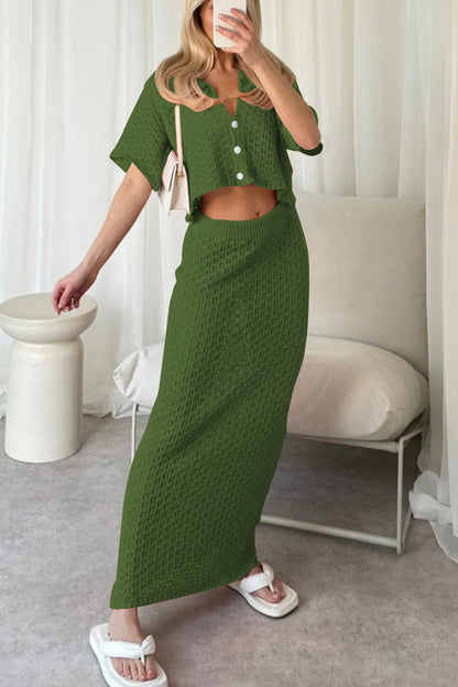 Hollow Out Crochet Blouses Midi Skirt Suits