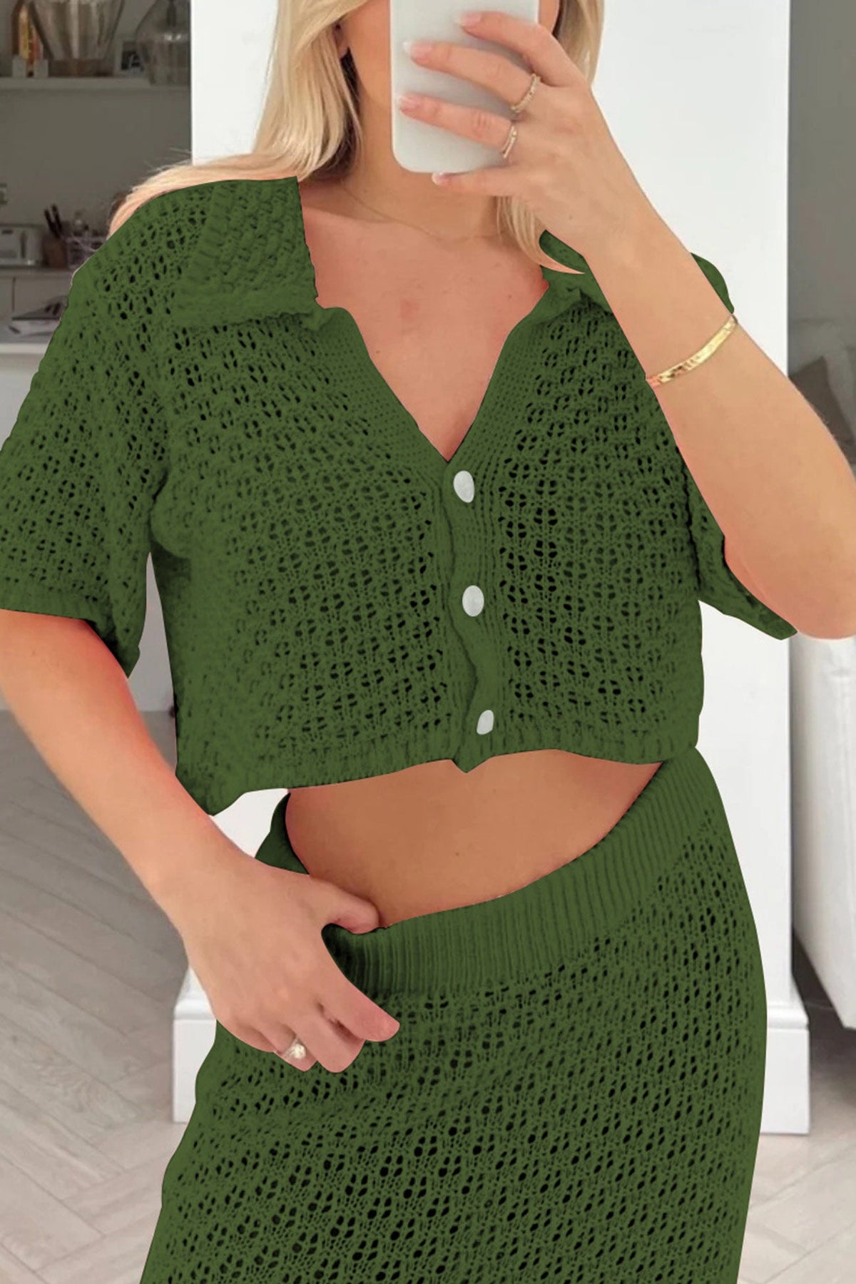Hollow Out Crochet Blouses Midi Skirt Suits