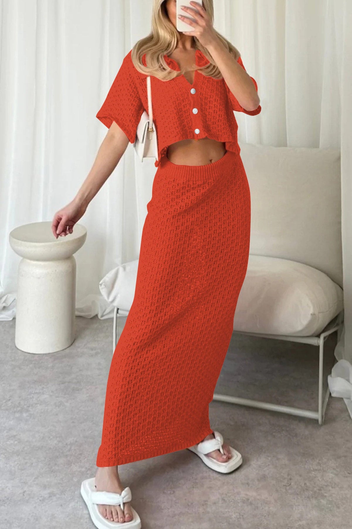 Hollow Out Crochet Blouses Midi Skirt Suits