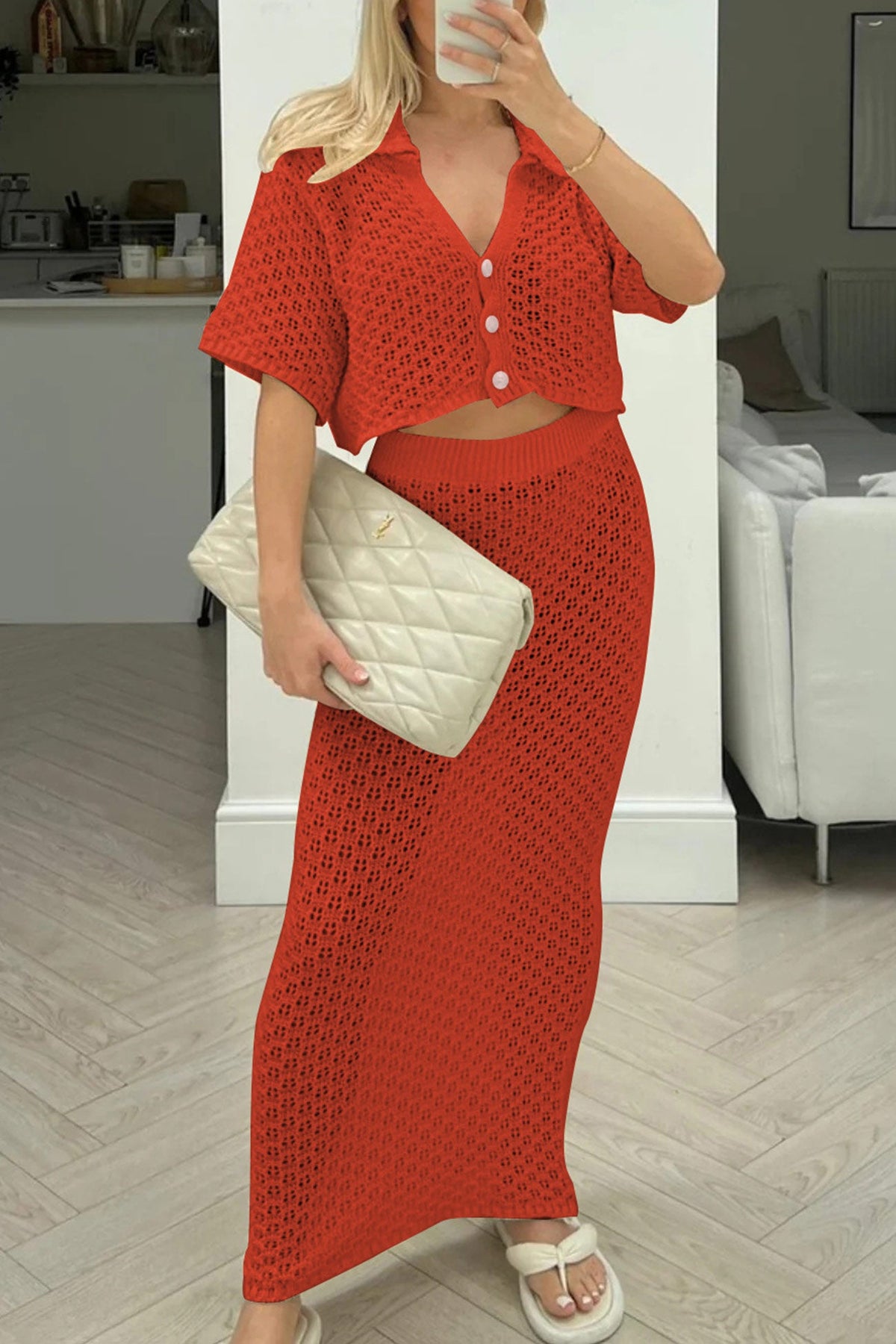 Hollow Out Crochet Blouses Midi Skirt Suits