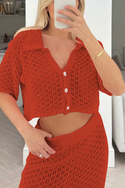 Hollow Out Crochet Blouses Midi Skirt Suits