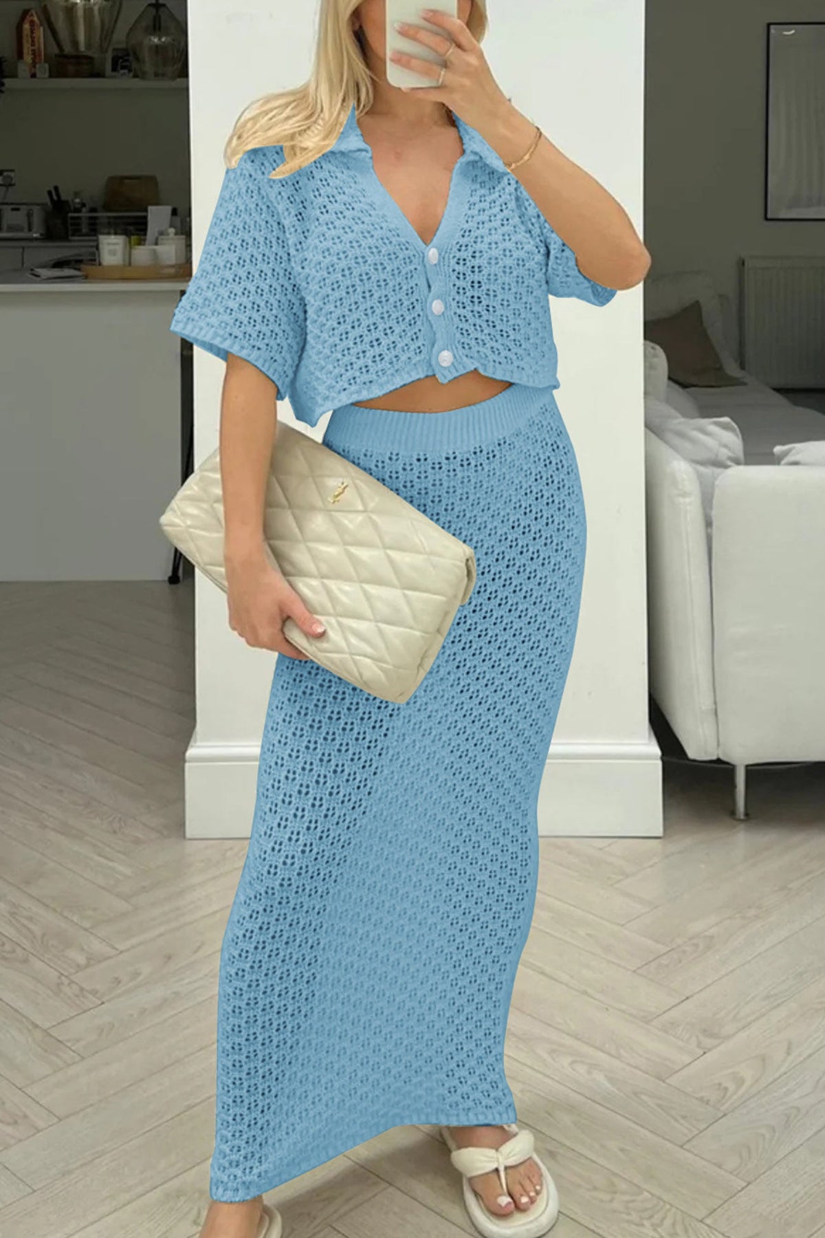 Hollow Out Crochet Blouses Midi Skirt Suits