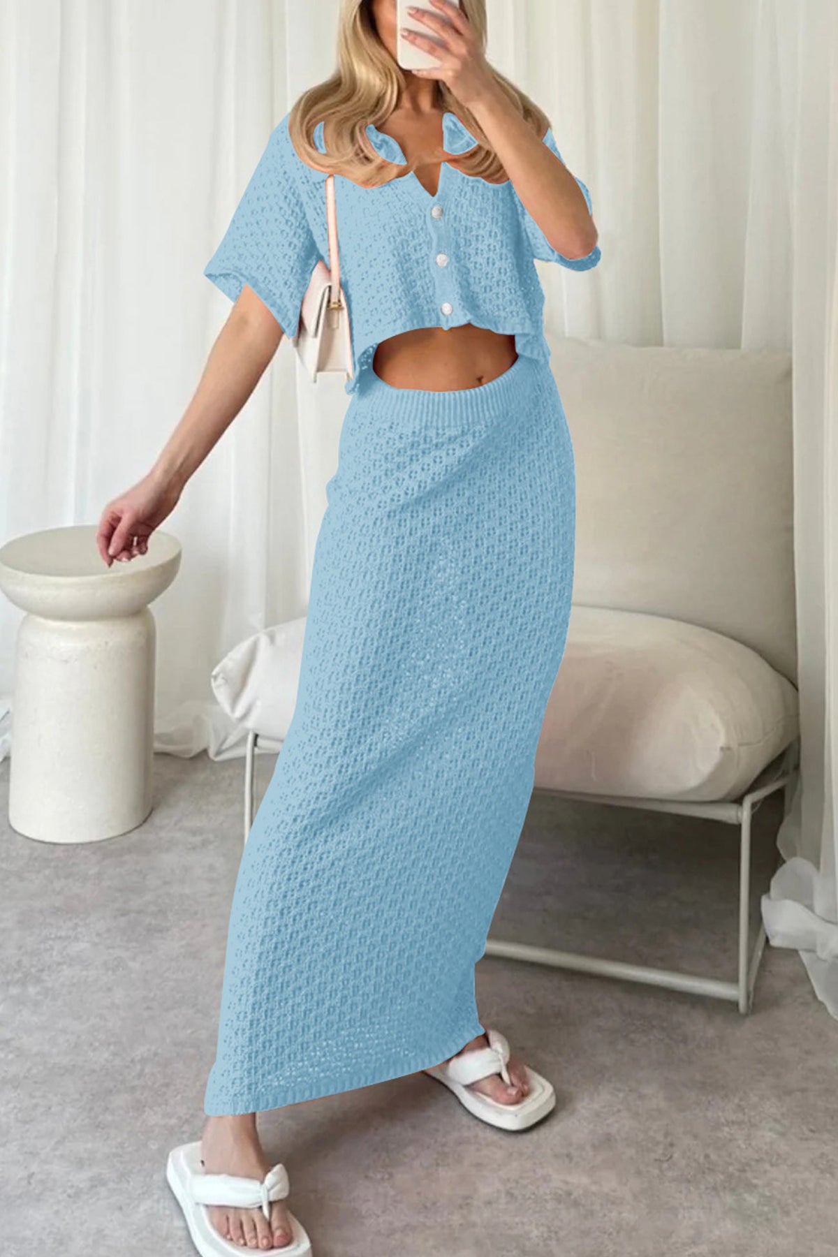 Hollow Out Crochet Blouses Midi Skirt Suits