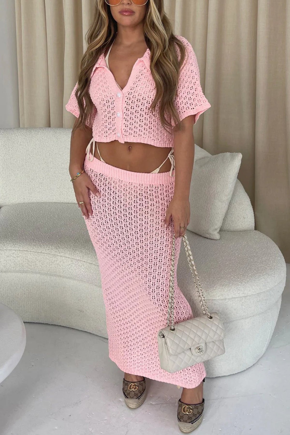 Hollow Out Crochet Blouses Midi Skirt Suits