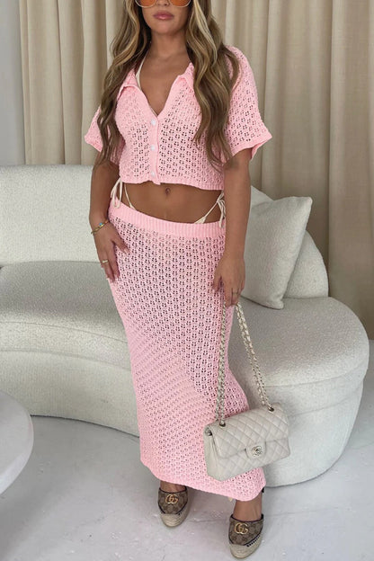 Hollow Out Crochet Blouses Midi Skirt Suits