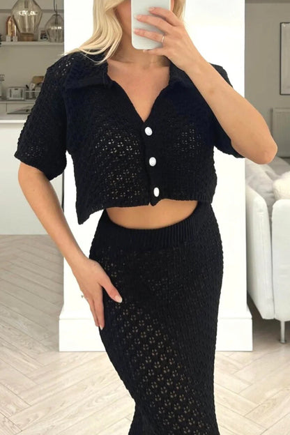 Hollow Out Crochet Blouses Midi Skirt Suits