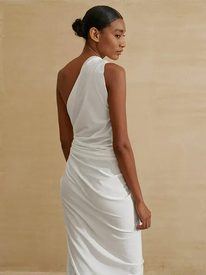 One Shoulder Side Cutout Ruched Hip Ring Thigh Slit Maxi Dress