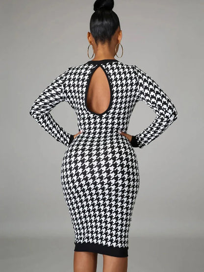 Houndstooth Print Long Sleeve Crew Neck Bodycon Midi Dress