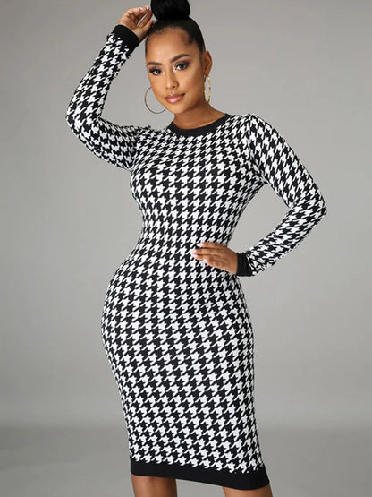 Houndstooth Print Long Sleeve Crew Neck Bodycon Midi Dress