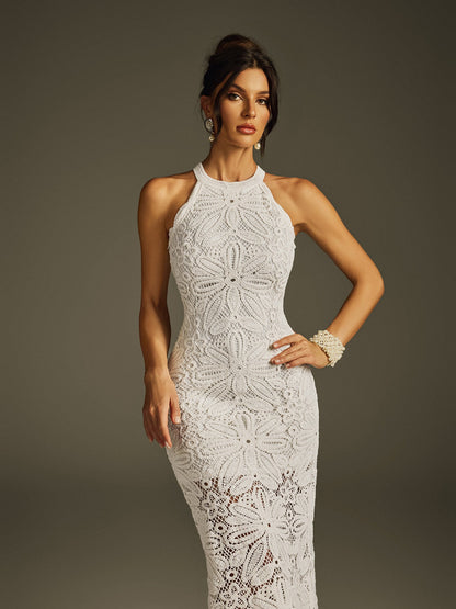 Halter Floral Lace Applique Scalloped Hem Midi Dress