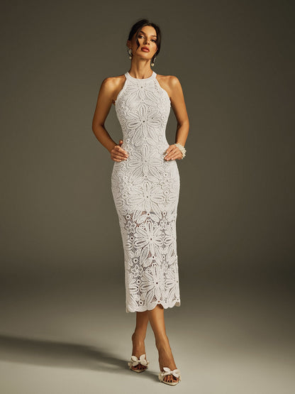 Halter Floral Lace Applique Scalloped Hem Midi Dress
