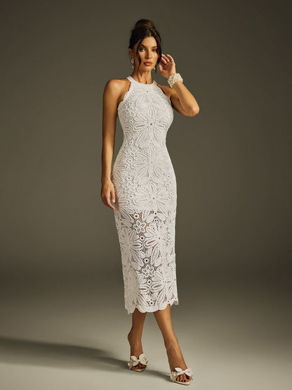 Halter Floral Lace Applique Scalloped Hem Midi Dress