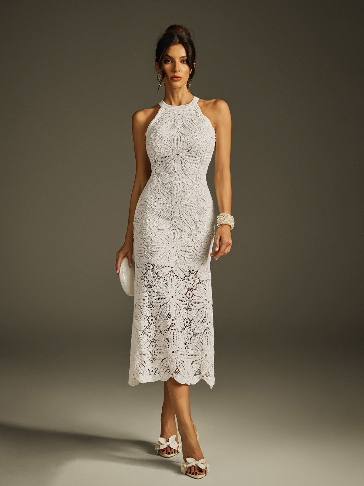 Halter Floral Lace Applique Scalloped Hem Midi Dress