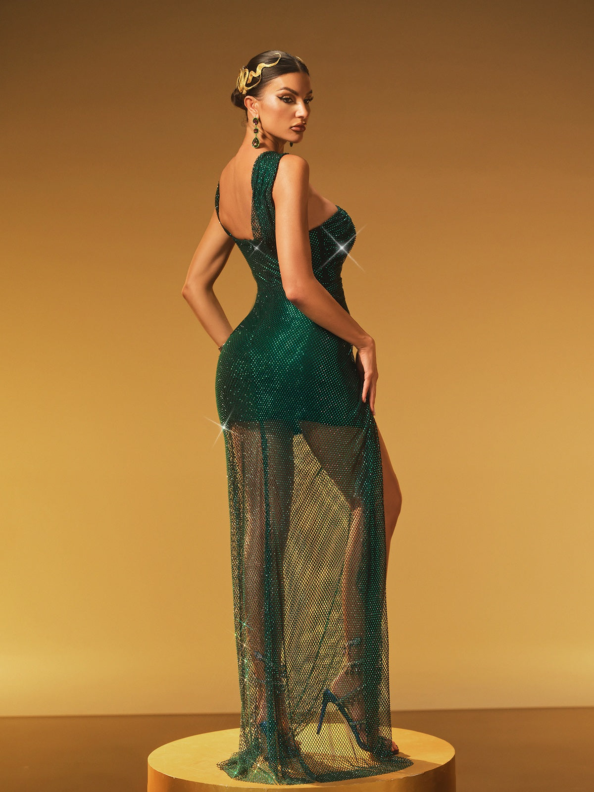 One Shoulder Mesh Cutout Rhinestone Beaded High Slit Maxi Gown