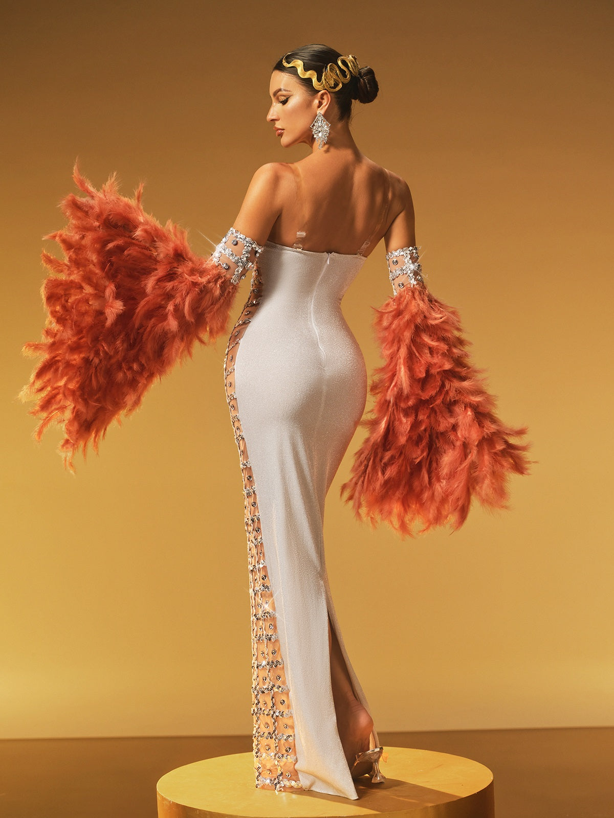 Scoop Neck Crystal Grid Mesh Feather Shoulder Maxi Gown