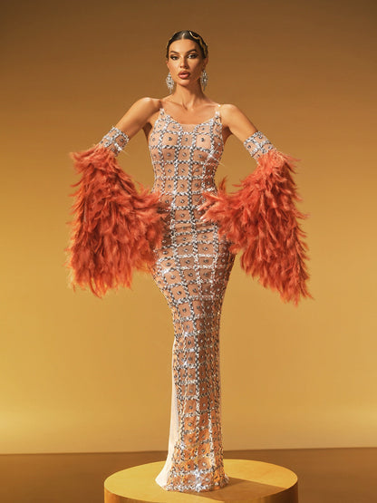 Scoop Neck Crystal Grid Mesh Feather Shoulder Maxi Gown